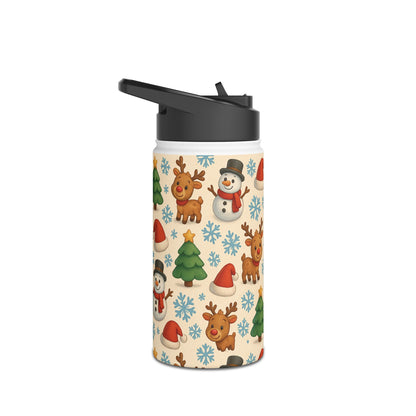 Festive Stainless Steel Water Bottle | Holiday Drinkware, Christmas Gift, Reusable Flask, Snowman & Reindeer Design, Eco-Friendly